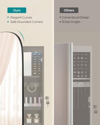 Image of SONGMICS Jewelry Organizer, LED Jewelry Cabinet Wall /Door Mounted, Lockable Rounded Wide Mirror with Storage, Interior Mirror, 3.9 x 16.5 x 42.5 Inches, Black Surface with Black Lining