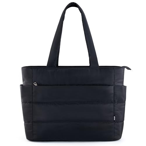 KALIDI Quilted Tote Bag, Carryall Puffer Messenger Laptop Bag Padded Shoulder Large Anti Splash Zipper Casual Work Gym Women, Black -  JMB10-BLACK