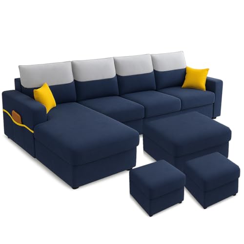 Image of Furny Tokiaa 8 Seater Fabric LHS L Shape Sofa Set with 1 Centre Table & 2 Puffy (Blue) | Soft Velvet Fabric | Modern Design | Comfortable Seating | Living Room Furniture