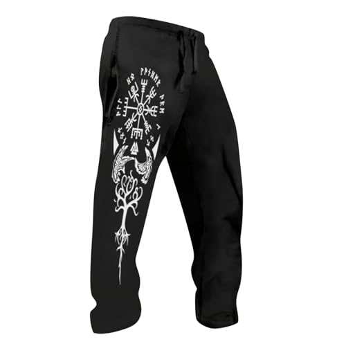 Pantalones de chándal para hombre con motivos vikingos - Pantalones deportivos con Vegvisir, lobos y raíces Yggdrasil | Pantalones casuales para aficionados a la mitología nórdica, Estilo T01 Negro