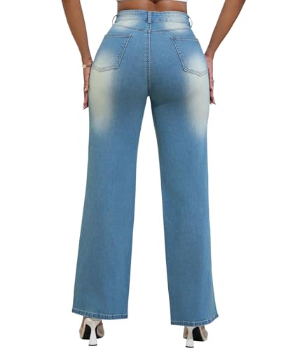 Sexyshine Women's High Waist Straight Leg Ripped Jeans Baggy Loose Washed Distressed Cut Out Y2K Denim Pants3