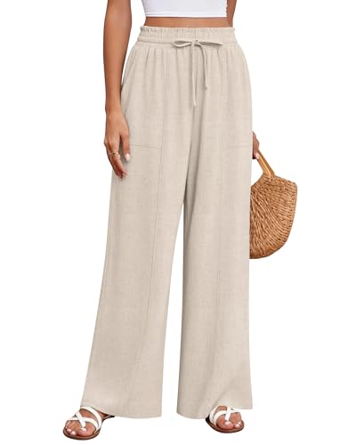 Huukeay Women's Linen Wide Leg Pants, High Waist Flowy Palazzo