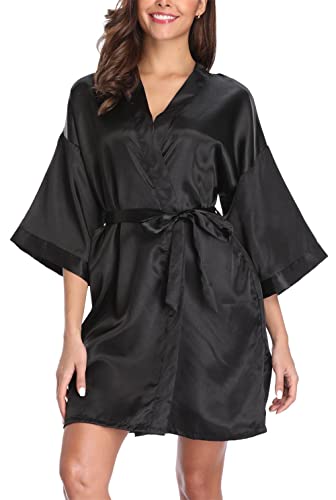 Joy Bridalc Women\'s Satin Robe Short Silk Kimono for Bride Bridesmaids Bridal Robes Wedding Party Sleepwear, black-M