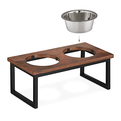 Relaxdays Napfständer, Edelstahlnäpfe Füllmenge 1000 ml, Hundefutterstation aus Mangoholz, HBT 16,5 x 42 x 21 cm, natur