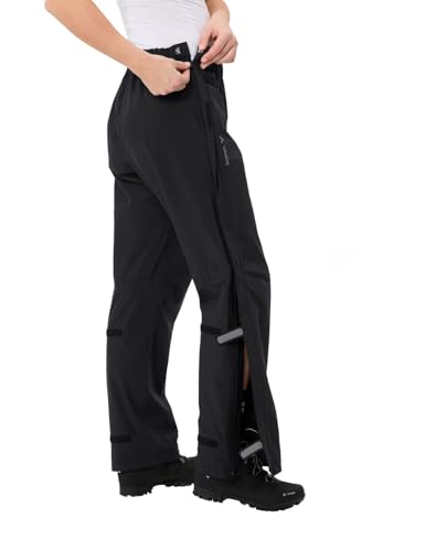 VAUDE Regenhose Damen Fluid Full-Zip Pants II, schwarz - Größe 44, wasserdichte Outdoorhose - Wassersäule 10.000 mm, Fahrradhose atmungsaktiv & Winddicht, 2-Lagen Überhose schnell überziehbar