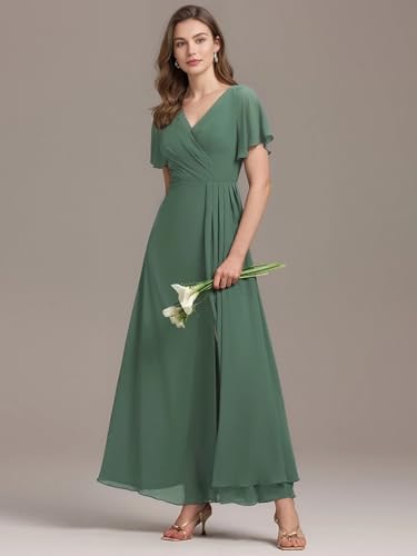 Ever-Pretty Women's V Neck Ruffles Short Sleeve Floor Length Pleated Chiffon Floor Length Formal Dress 0050-PH3