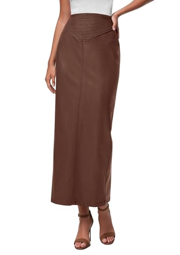 PRETTYGARDEN Long Skirts for Women 2025 Fall Fashion Clothing Faux Leather High Waist Dressy Casual Slit Pencil Maxi Skirt (Brown,Large)