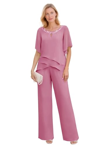 2 Piece Mother of The Bride Pant Suits Women Short Sleeve Pants Suits Sequin Chiffon Dressy Pantsuit for Wedding