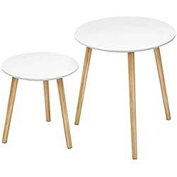 SONGMICS Mesa Auxiliar Redonda, Mesa Minimalista Moderna, Juego de 2 mesas de Café con Patas de Pino Macizas, Mesa Nido para Sala de Estar, Balcón, Blanco y Natural LET07WN
