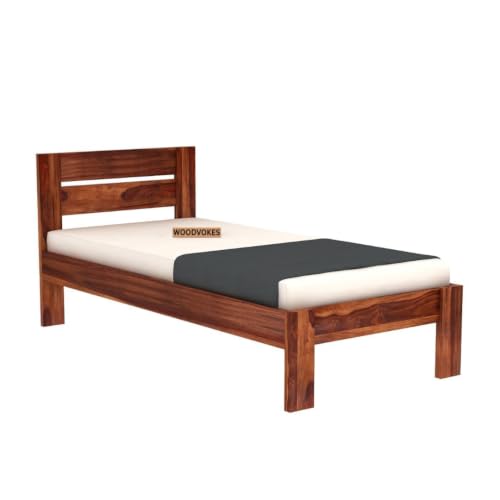 Image of Solid Sheesham Wood Single Bed with Headboard & Footboard | Sturdy Wooden Cot for Bedroom, Hostel & PG | Modern Design Single Wooden Bed Frame (Mattress Not Included) (Brown Finish)