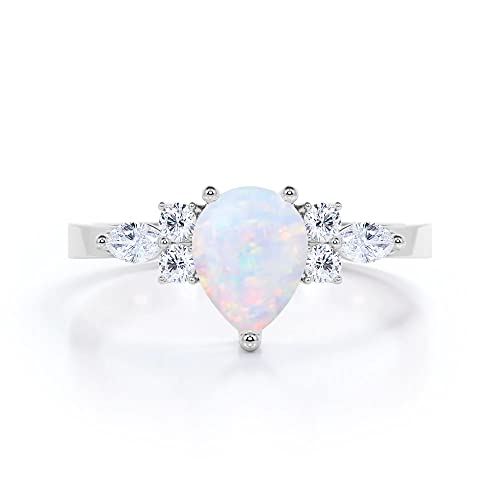 Center 1CT Pear Shaped Opal Engagement Rings for Women Platinum Plated Silver White Opal with Moissanite Engagement Ring for Valentine's Day, Anniversary