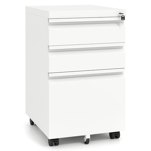 COSTWAY Caisson de Bureau sur Roulette avec Frein, 3 Tiroirs Verrouillable, Métal, Meuble Dossier...