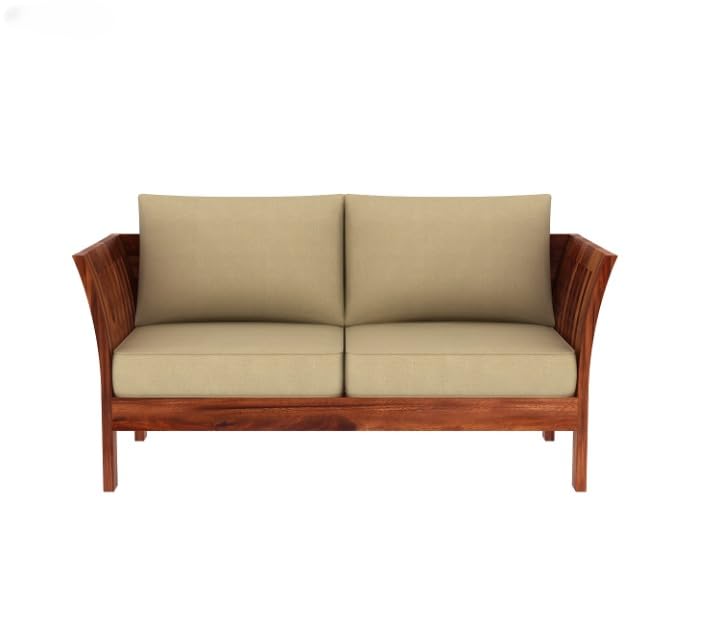 Image of Solid Sheesham Wood Two Seater Sofa Set with Cushion | Wooden 2 Seater Sofa for Home Bedroom Living Room Hall and Office (Honey Finish)