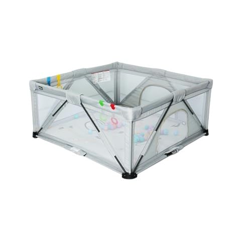 Image of Foldable Grey Playpen for Toddlers - Portable Baby Play Yard with Safety Lock & Suction Cups, Indoor Play Gate Fence for Boys & Girls - Lightweight & Secure Baby Activity Center