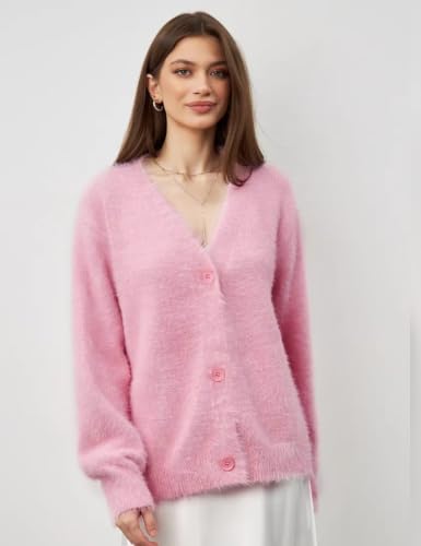 Image of Arssm Womens Fuzzy Cardigan Sweater V Neck Sweaters Fluffy Top