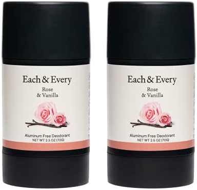 Each & Every 2-Pack Natural Aluminum-Free Deodorant for Sensitive Skin with Essential Oils, Plant-Based Packaging (Rose & Vanilla, 2.5 Ounce (Pack of 2))