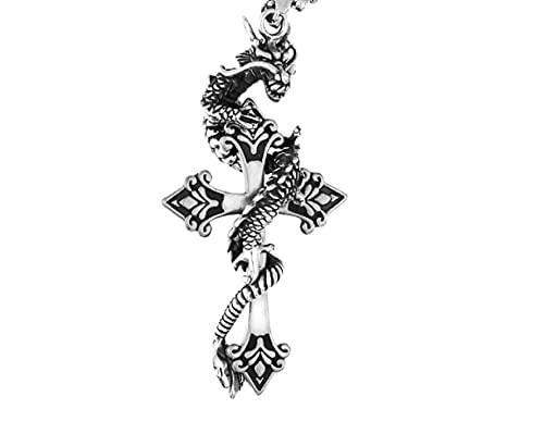 Collier dragon et croix gothique pour homme en acier sculpté style viking
