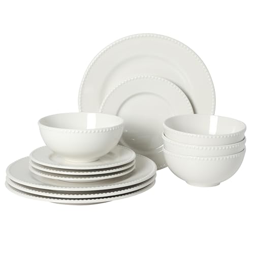 Image of Gibson Home Caviara Plates and Bowls Set, 12-Piece Dinnerware Set, White Round Beaded Rim Ceramic Dish Set, Dinner Plates, Salad Plates & Cereal Bowls