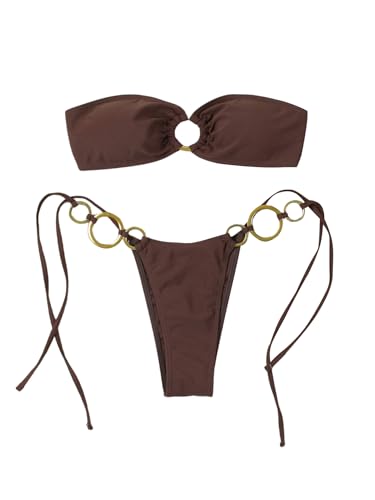 GORGLITTER Women's Strapless Bikini Set String High Cut Thong Ring Linked Bandeau Swimsuits