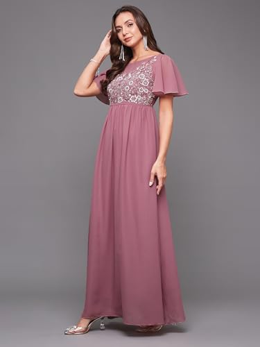 Image of Miss Chase Women's Round Neck Sleeve Embellished Fit Flare Maxi Dress