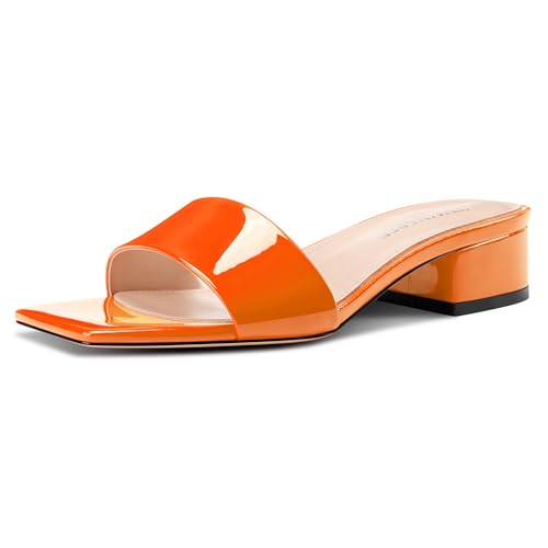 Image of TNYNFBEB Womens Chunky Block Low Heel Open Square Toe Sandals Mules Shoes Slip-on Prom Party Dress Patent Leather 1.4 Inches Heels