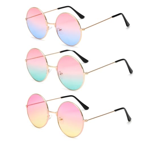 Aurasky 3 Paar Rund Party Brillen, Retro Party Sonnenbrille, Party Brille, Lustige Partybrillen, Hippie Sonnenbrille Rund für Geburtstagsfeier Fasching Karneval Halloween