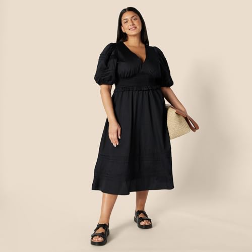 Amazon Essentials Women's Fit and Flare Cotton Sateen Puff Sleeve Midi Dress, V-Neck, Black, L - Image 7
