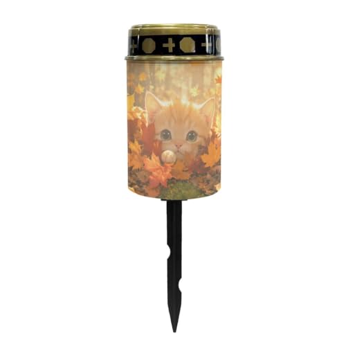 Image of Poceacles Flameless Candle Solar Powered Grave Outdoor Lights Cemetery Candle Flameless Fake LED Pillar Lights Outdoor Waterproof Lawn Decoration, Cute Cat Autumn Forest Leaf