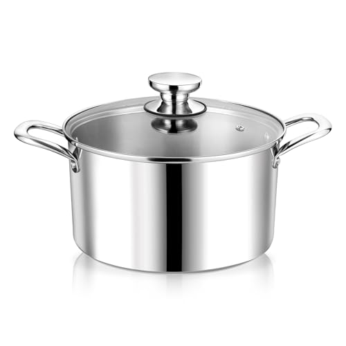 P&P CHEF 4 Quart Tri-Ply Stainless Steel Stock Pot, 4 Qt Stockpot Pasta Cooking Pot with Visible Lid for Soup Vegetable, Induction Cookware for All Stoves, Sturdy & Double Handle, Dishwasher Safe