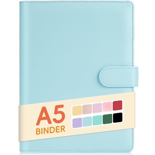 Image of Sooez A5 Notebook Photocard Binder, 6 Ring Planner, Stylish Loose Leaf Personal Organizer Cover with Magnetic Buckle, PU Leather Binder Women with Macaron Colors (Mint Blue)