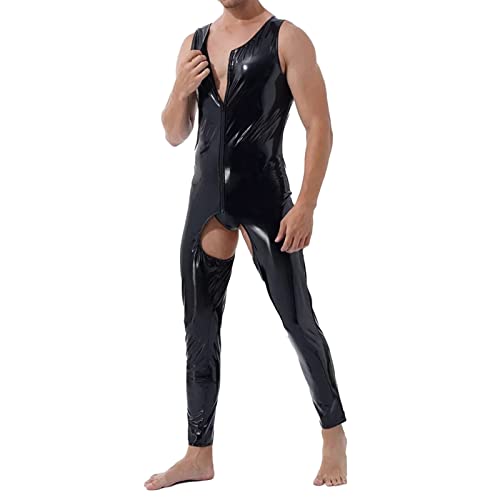 Gefomuofe Herren Jumpsuit aus Wetlook Latex Anzug Kurzarm Mantel Sexy Schwarz mit Roter Polizist Farbe Unisex Größe Bodysuit Herren-Ganzkörper-Trikot mit Langen Ärmeln Ganzanzug