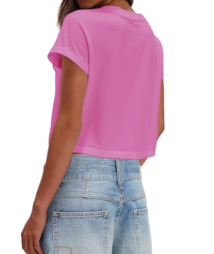 Nagwoy Womens Short Sleeve Crop Tops Round Neck T Shirts Casual Crop Tee Top A-Pink — view 3