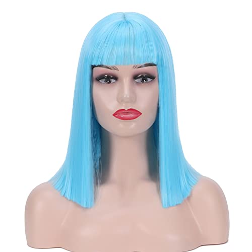 JDNOSO Colored wig Ice Blue Short Bob Wigs with Bangs Heat Resistant Synthetic Fiber Straight Light Blue Wigs for Daily Party Halloween Costume Use 14 Inches Wig Cap Included (Ice Blue wig)