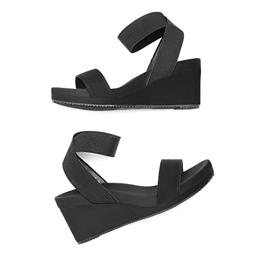 DREAM PAIRS Womens Elastic Ankle Strap Open Toe Platform Wedge Sandals Comfortable Summer Shoes for Women,Size 8.5,Black,NINI-52