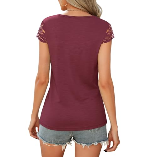Image of Womens Tops V Neck Short Sleeve T Shirts Womens Summer Tops Casual Soft Basic Lace Tops Spring Summer Tees Clothes 2026