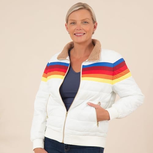 GreaterGood Chasing Rainbows Retro Stripe Insulated Jacket, Sherpa Collar Coat, Puffer Coat (US, Alpha, Small, Regular, Regular, White)4
