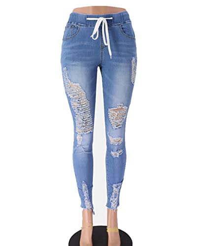 Sexyshine Women's High Waist Skinny Ripped Jeans Drawstring Elastic Waist Destroyed Stretch Denim Pants4
