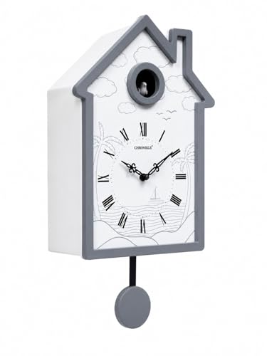 Image of CHRONIKLE Modern Stylish Non Ticking Silent Analog Hut Shape Wooden Cuckoo Wall Clock for Home, Living Room, Bedroom, Office, and Kitchen (White) (18 x 10 Inch : Weight - 2350 Grm)