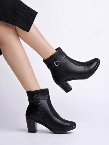 Image of Women's Faux Leather Ankle Boots with Mid Heel and Buckle Strap || Side Zipper Comfort Booties for Fall & Winter