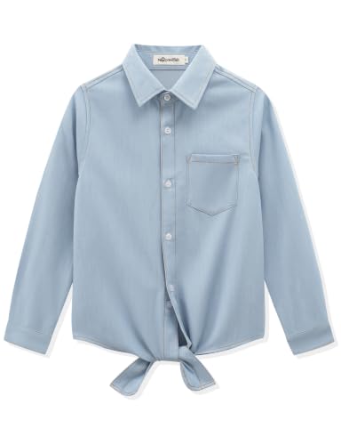 Image of Noomelfish Girls Long Sleeve Button Down Shirt Tie Front Western Tops Cowgirl Outfit (5-14 Years)