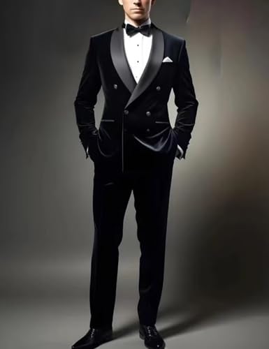 ONAXTDA Men's Velvet Jacket and Pants Set Suit Slim Fit Double Breasted Business 2 Piece Wedding Tuxedo2