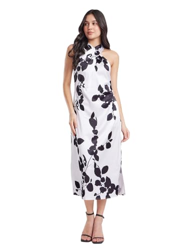 Image of FableStreet Women's Satin Floarl Print Halter Neck Dress | Perfect for Outings and Brunch