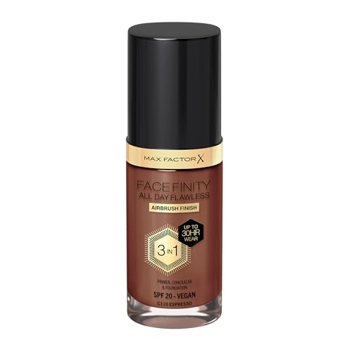 Max Factor Fondotinta Facefinity All Day Flawless – Correttore, Fondotinta liquido e primer viso 3-in-1, Formula vegan, Copertura modulabile, Tenuta fino a 30 ore, SPF20 – C110 Espresso, 30 ml