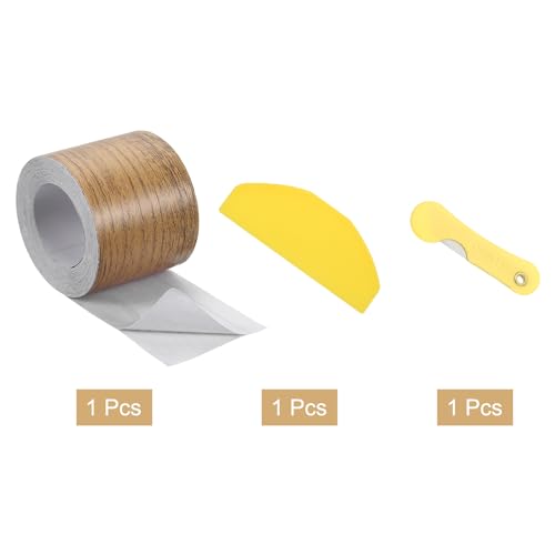 Image of uxcell 1 Roll Wood Grain Tape, 1.97 inch x33 Ft Realistic Textured Repair Tape Self Adhesive Wood Textured Patch with Tool for Floor Wall Door Table Cabinets Furniture Home Decor(Coffee Color)