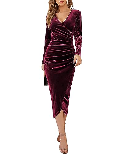 Yutdeng Kleid Lang Damen Elegant Partykleid Samt V Ausschnitt Cocktailkleid Abendkleid Bodycon Kleid Langarm mit Schlitz Kleider Eng Festliche Kleider...