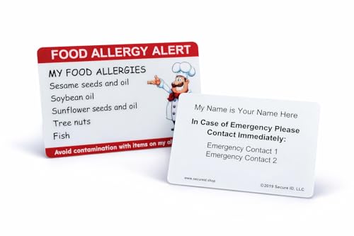 Secure ID, LLC Food Allergy Wallet Card Chef Customized Allergy Emergency Contact Card Restaurant Food Peanut Soy Wheat Allergies. Customized 2 Pack or Write on 3 Pack available