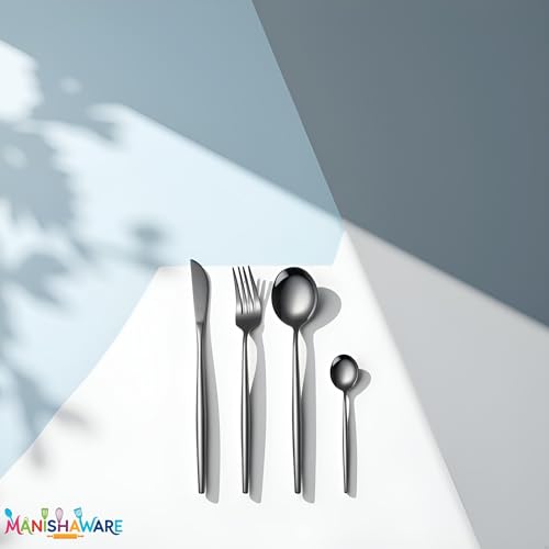Image of Slim Handle Black 12 Pcs Stainless Steel Cutlery Set for Dining Table, Dishwasher Safe Glossy Flatware (3 Spoon Set + 3 Forks Set + 3 Butter Knife + 3 Dessert Spoon)