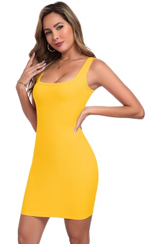 Image of Qaffier Summer Dresses for Women Sexy Mini Dress Ribbed Knit Fitted Square Neck Bodycon Party Club Tank Dresses