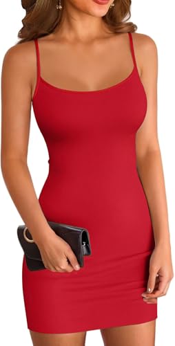 ELFIN Sommerkleid Damen Bodycon Kleid Gerippt Kurz Minikleid Sexy Party Club Kleid Enges Spaghettiträger Sommer Freizeitkleid (S, Rot)
