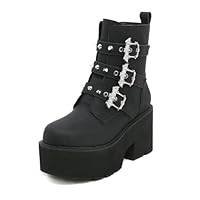 smlekwc Women's High Chunky Heel Platform Ankle Boots Side Zip Gothic Punk Boots with Bat Wing Buckles Round Toe Leather Short Boots